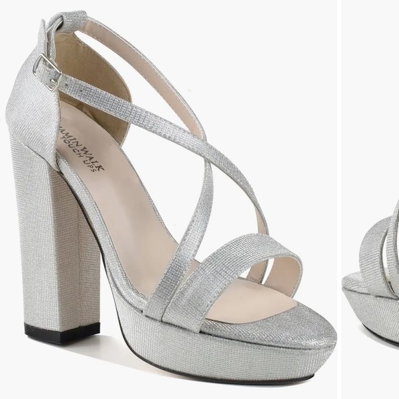 Chloe Chunky Platform Block Heel Silver Holiday Criss Cross Vamp Strappy 4” - Picture 2 of 16